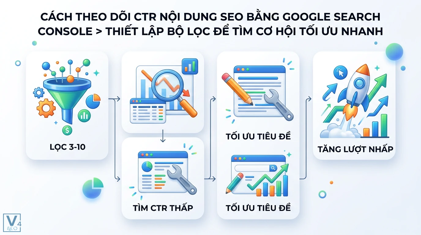 Cách theo dõi tỷ lệ nhấp chuột (CTR) của nội dung SEO chuẩn xác 2 Quy trình lọc từ khóa vị trí 3-10 tìm kiếm cơ hội CTR thấp để tối ưu tiêu đề và tăng trưởng lượt nhấp trên Google Search Console