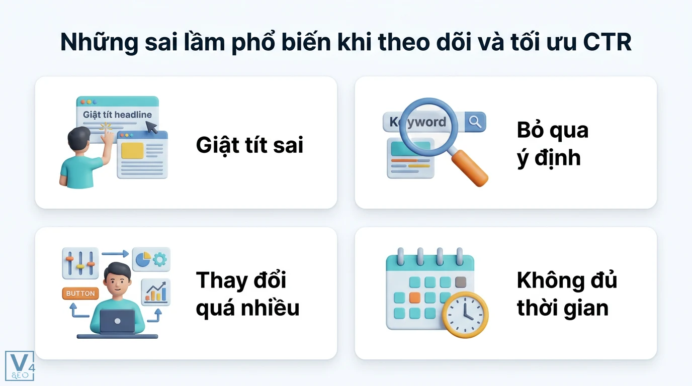 Cách theo dõi tỷ lệ nhấp chuột (CTR) của nội dung SEO chuẩn xác 3 Sai lầm khi tối ưu CTR như giật tít sai, bỏ qua ý định tìm kiếm, thay đổi quá nhiều yếu tố và không đủ thời gian tích lũy dữ liệu