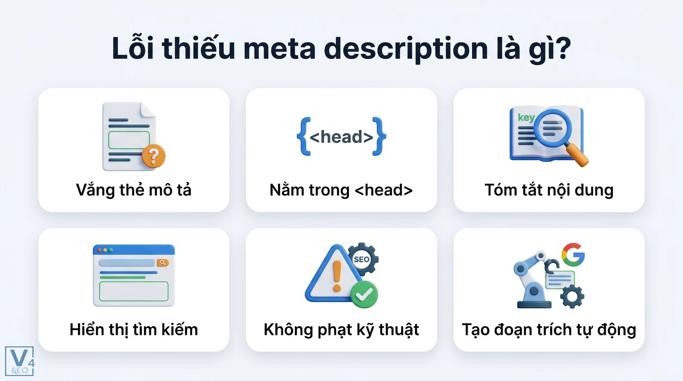 Lỗi thiếu meta description là gì? Cách khắc phục và tối ưu CTR 2026 1 Lỗi thiếu meta description là vắng thẻ mô tả trong head khiến Google tự tạo đoạn trích tự động hiển thị tìm kiếm và không bị phạt kỹ thuật
