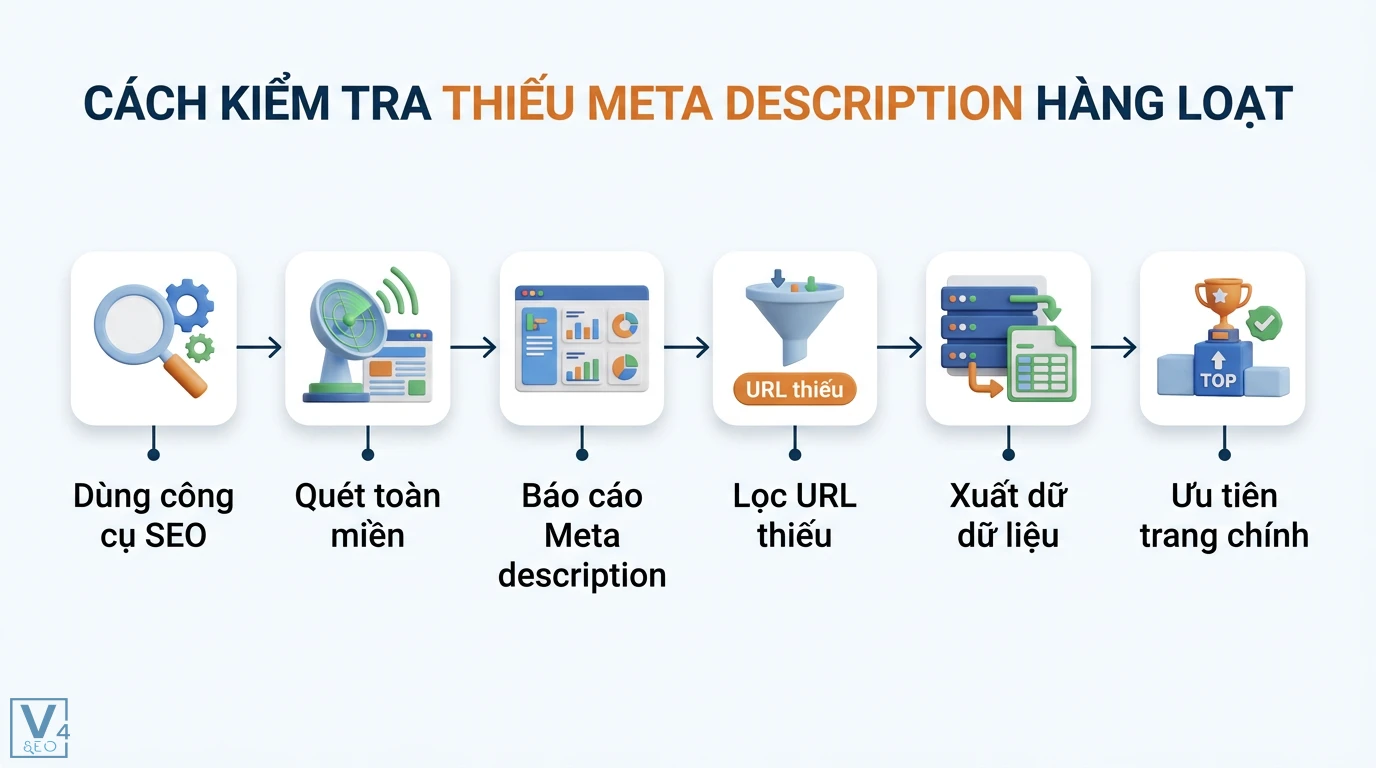 Lỗi thiếu meta description là gì? Cách khắc phục và tối ưu CTR 2026 2 Cách kiểm tra thiếu meta description hàng loạt gồm quét toàn miền lọc URL thiếu xuất dữ liệu và ưu tiên tối ưu trang có lưu lượng truy cập cao