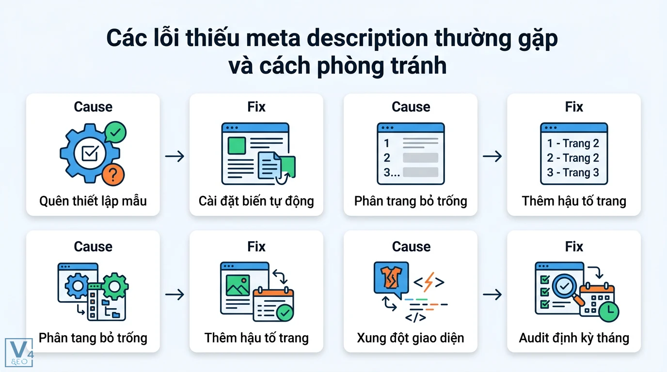 Lỗi thiếu meta description là gì? Cách khắc phục và tối ưu CTR 2026 3 Giải pháp xử lý lỗi thiếu meta description bằng cách thiết lập mẫu tự động, thêm hậu tố trang và thực hiện audit website định kỳ hàng tháng