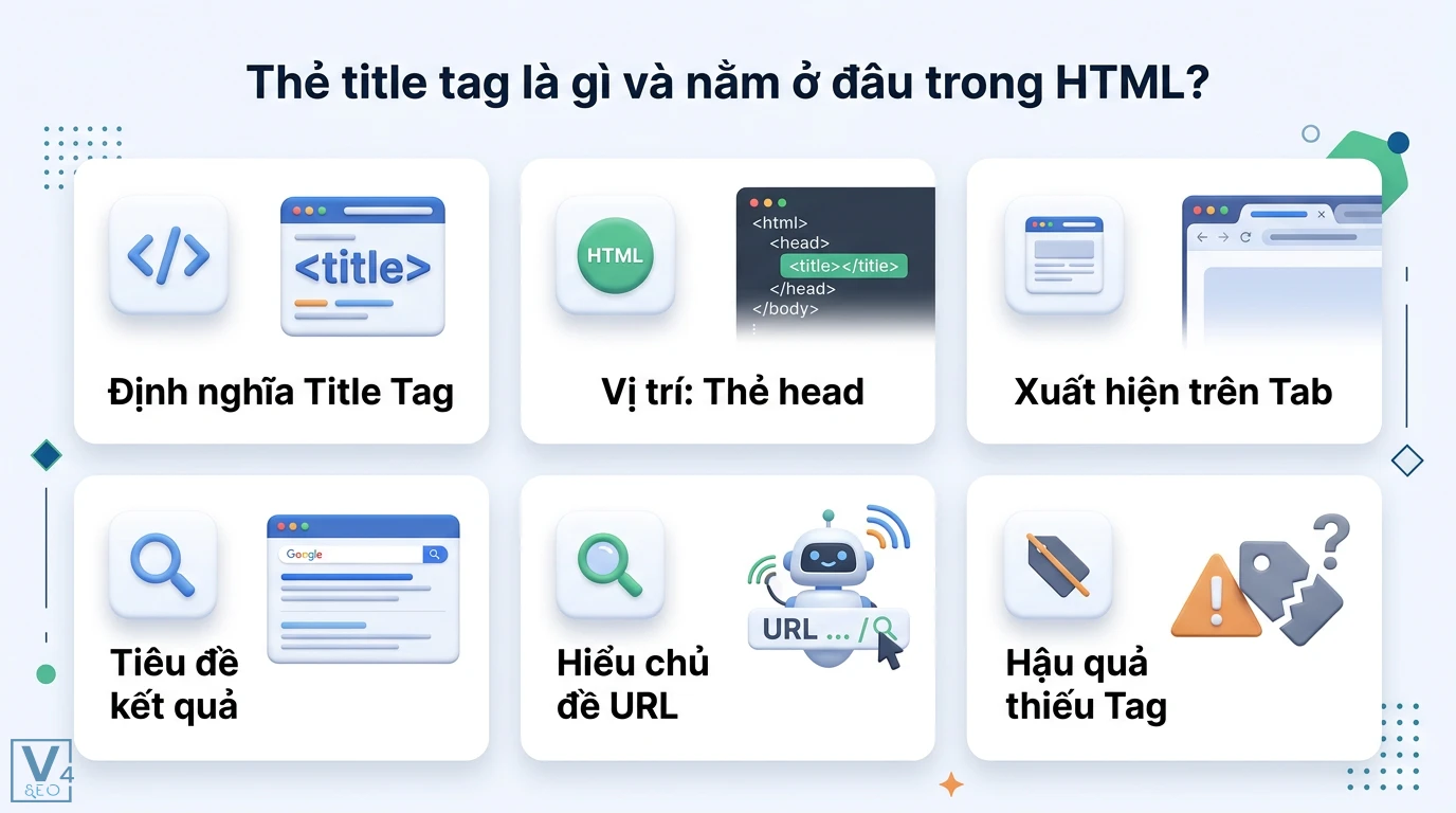 Lỗi thiếu title tag là gì? Cách khắc phục và tối ưu SEO On-page 1 Thẻ title tag nằm trong thẻ head hiển thị tiêu đề trên trình duyệt và kết quả tìm kiếm giúp bot công cụ tìm kiếm nhận diện nội dung chủ đề URL