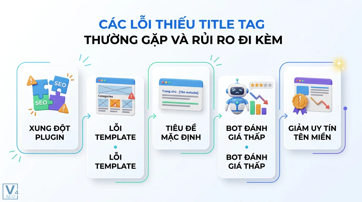 Lỗi thiếu title tag là gì? Cách khắc phục và tối ưu SEO On-page 2 Lỗi thiếu title tag do xung đột plugin và template khiến website dùng tiêu đề mặc định làm bot đánh giá thấp và giảm uy tín của tên miền