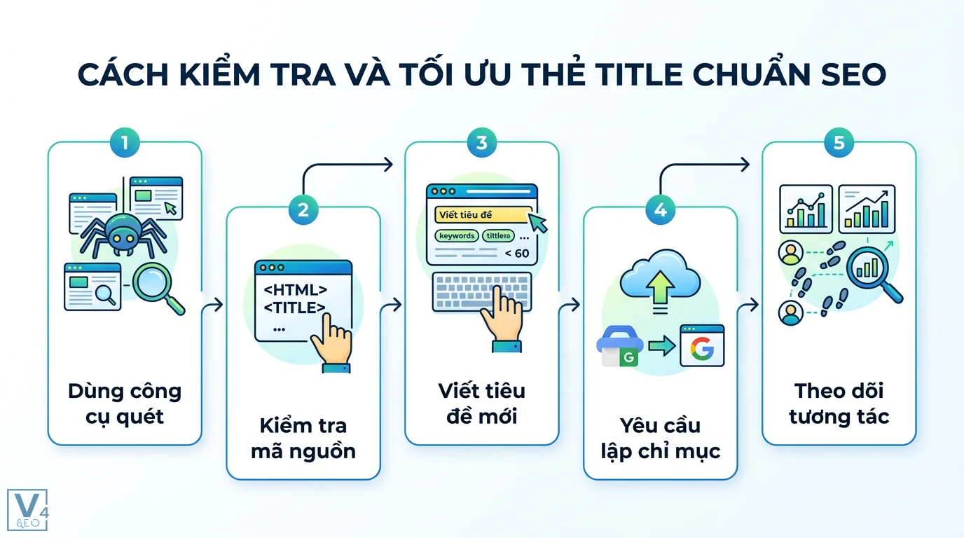 Lỗi thiếu title tag là gì? Cách khắc phục và tối ưu SEO On-page 3 Cách tối ưu thẻ title chuẩn SEO gồm quét website, kiểm tra mã nguồn HTML, viết tiêu đề mới, yêu cầu lập chỉ mục và theo dõi tương tác