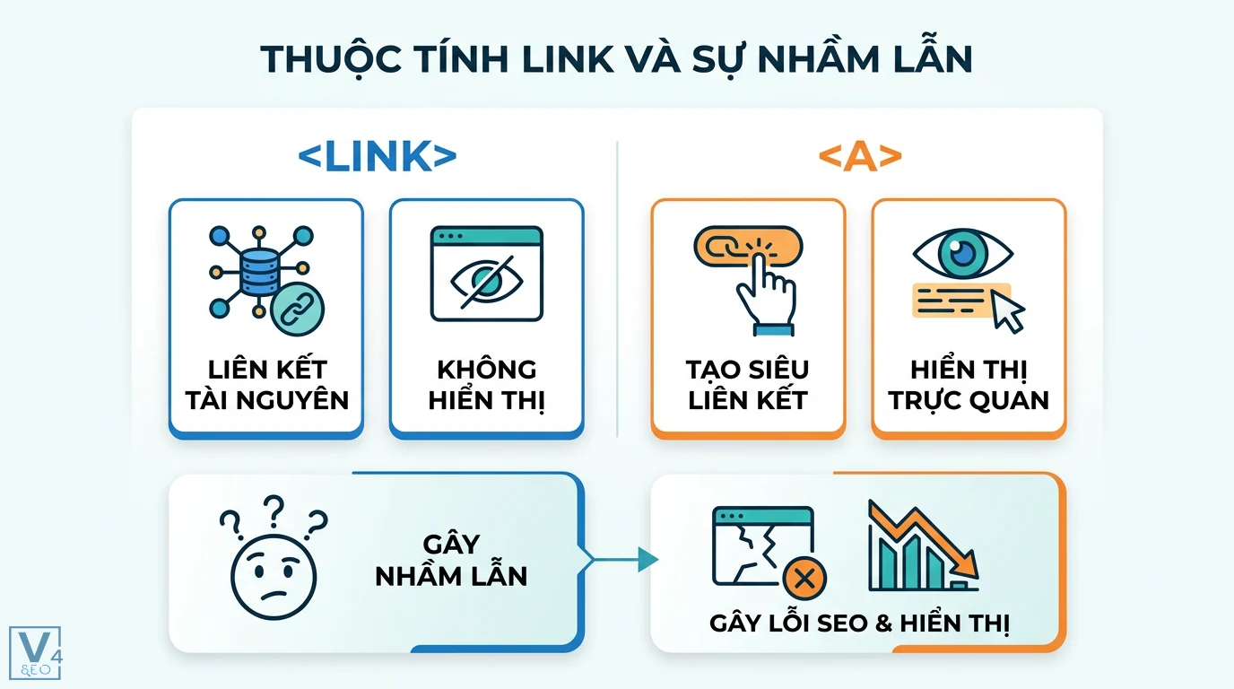 Thuộc tính link là gì? Phân biệt thẻ a và thẻ link trong HTML 1 Phân biệt thuộc tính thẻ link liên kết tài nguyên và thẻ a tạo siêu liên kết giúp tránh nhầm lẫn gây lỗi SEO và hiển thị trên website