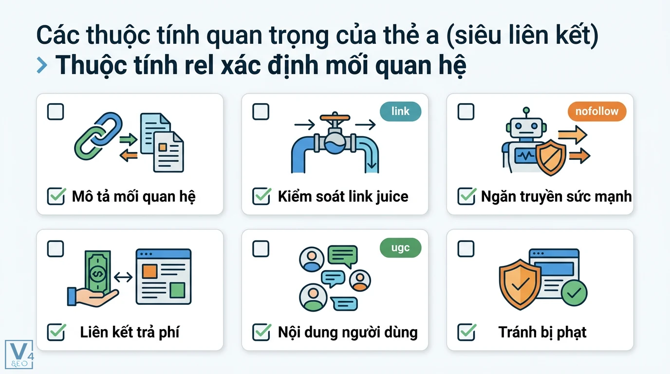 Thuộc tính link là gì? Phân biệt thẻ a và thẻ link trong HTML 2 Thuộc tính rel của thẻ a giúp kiểm soát link juice thông qua các giá trị nofollow, sponsored, ugc để xác định mối quan hệ và tránh bị phạt SEO