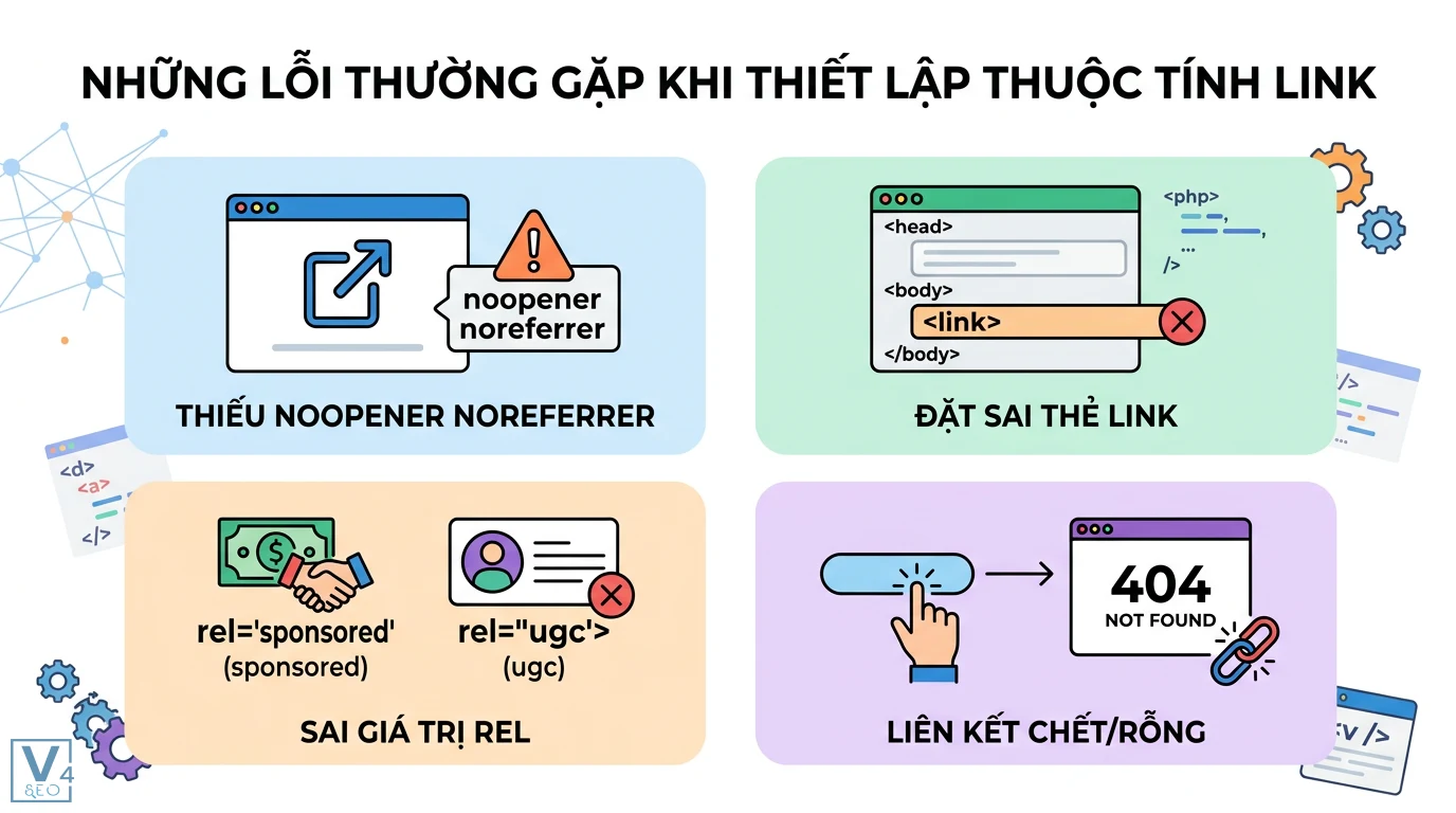 Thuộc tính link là gì? Phân biệt thẻ a và thẻ link trong HTML 3 Lỗi thường gặp khi thiết lập thuộc tính link như thiếu noopener noreferrer, đặt sai thẻ link, sai giá trị rel và liên kết chết 404