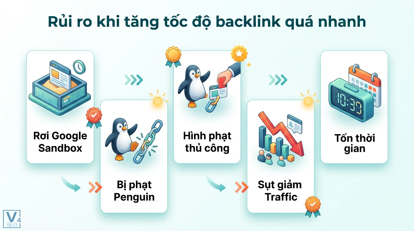 Tốc độ backlink là gì? Cách kiểm soát Link Velocity để SEO an toàn 2 Rủi ro khi tăng tốc độ backlink quá nhanh gồm rơi vào Google Sandbox, bị phạt Penguin, hình phạt thủ công, sụt giảm traffic và tốn thời gian