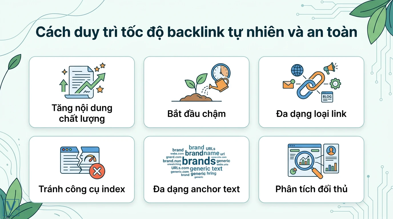 Tốc độ backlink là gì? Cách kiểm soát Link Velocity để SEO an toàn 3 Duy trì tốc độ backlink tự nhiên an toàn bằng cách tăng nội dung, đa dạng anchor text, loại link, tránh công cụ index và phân tích đối thủ