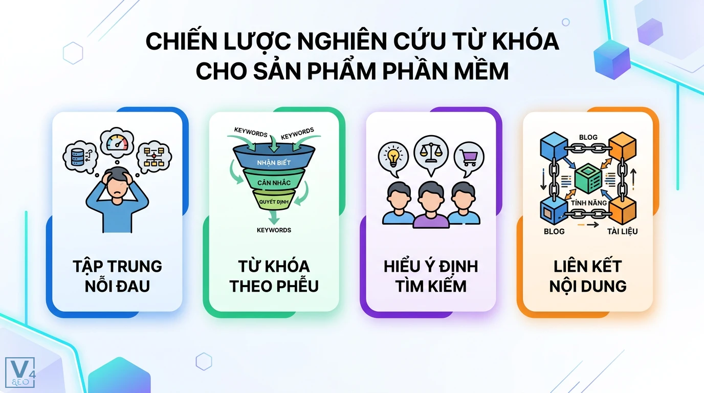 Tối ưu Content SEO cho các trang công nghệ, phần mềm chuẩn SaaS 1 Chiến lược nghiên cứu từ khóa phần mềm tập trung nỗi đau khách hàng, phân loại theo phễu, hiểu ý định tìm kiếm và liên kết nội dung SEO
