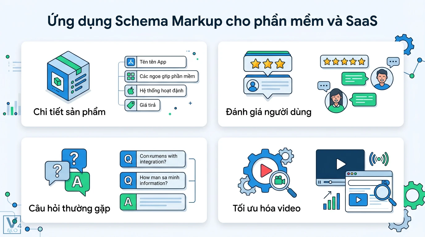 Tối ưu Content SEO cho các trang công nghệ, phần mềm chuẩn SaaS 2 Ứng dụng Schema Markup cho phần mềm và SaaS qua SoftwareApplication, đánh giá người dùng, FAQPage câu hỏi thường gặp và VideoObject tối ưu video