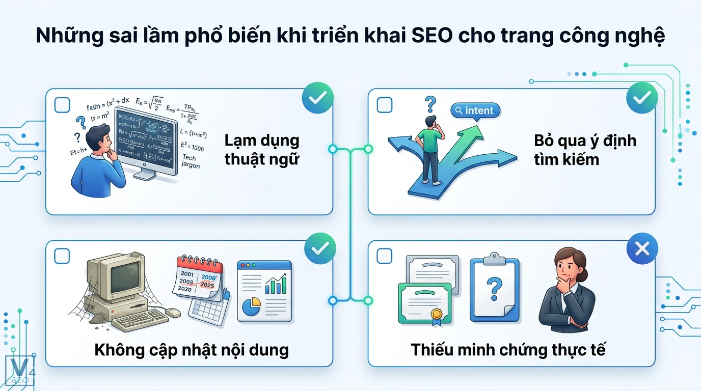 Tối ưu Content SEO cho các trang công nghệ, phần mềm chuẩn SaaS 3 Sai lầm SEO cho trang công nghệ gồm lạm dụng thuật ngữ, bỏ qua ý định tìm kiếm, không cập nhật nội dung và thiếu minh chứng thực tế