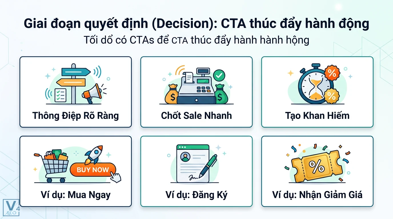Tối ưu CTA theo giai đoạn hành trình khách hàng: Tăng chuyển đổi 2 CTA giai đoạn quyết định thúc đẩy chốt sale bằng thông điệp rõ ràng, tạo sự khan hiếm với các nút mua ngay, đăng ký và nhận mã giảm giá