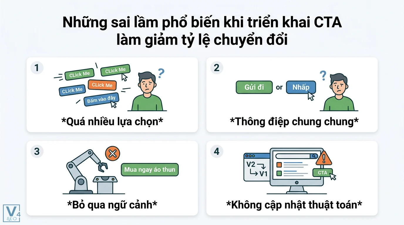 Tối ưu CTA theo giai đoạn hành trình khách hàng: Tăng chuyển đổi 3 Sai lầm triển khai CTA gây giảm tỷ lệ chuyển đổi do quá nhiều lựa chọn, thông điệp chung chung, bỏ qua ngữ cảnh và không cập nhật thuật toán
