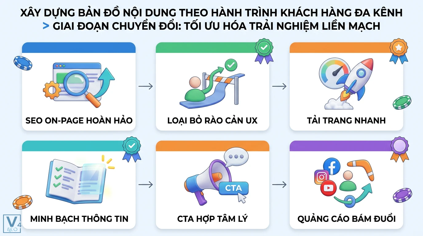Cách tối ưu hóa Content SEO cho chiến lược Omnichannel Marketing 2 Tối ưu hóa giai đoạn chuyển đổi qua SEO on-page, loại bỏ rào cản UX, tải trang nhanh, minh bạch thông tin, CTA hợp tâm lý và quảng cáo bám đuổi