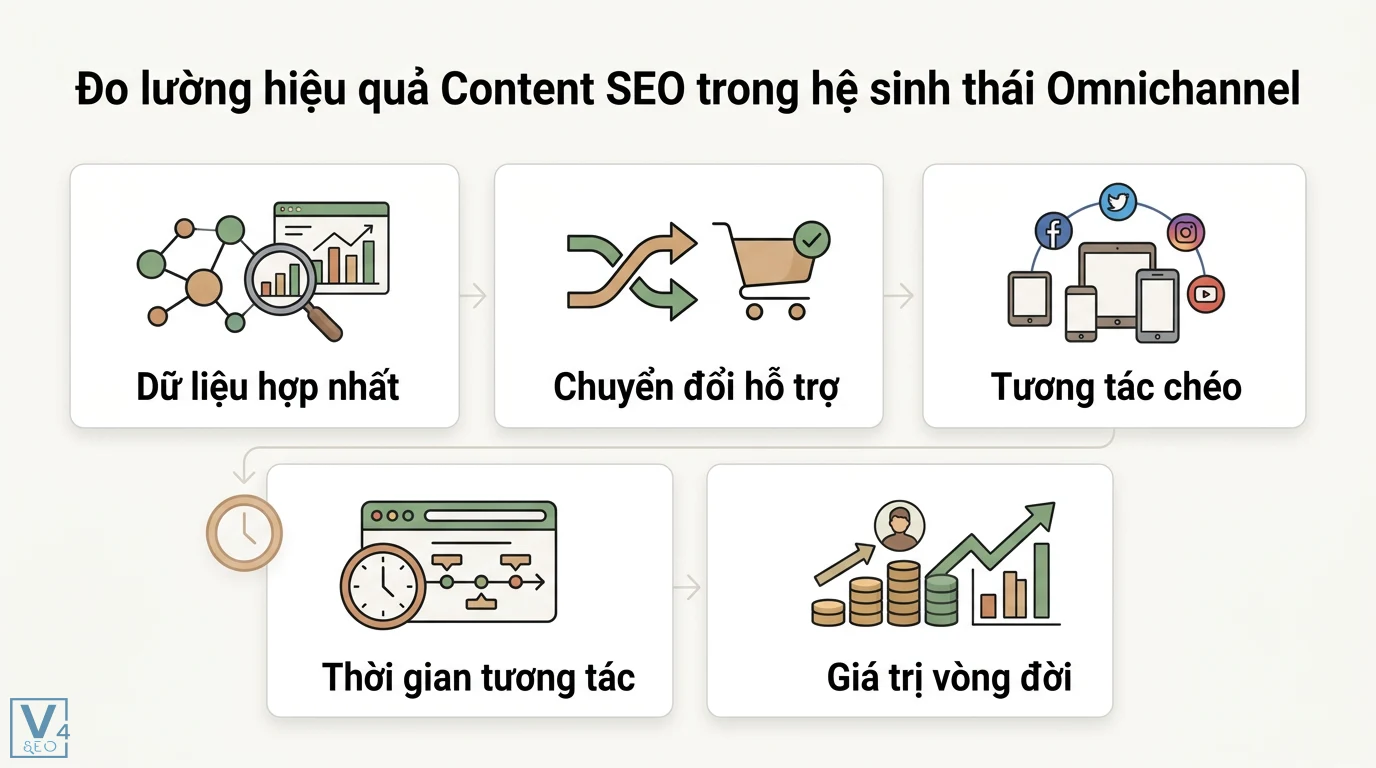 Cách tối ưu hóa Content SEO cho chiến lược Omnichannel Marketing 3 Đo lường hiệu quả Content SEO Omnichannel qua dữ liệu hợp nhất, chuyển đổi hỗ trợ, tương tác chéo, thời gian tương tác và giá trị vòng đời