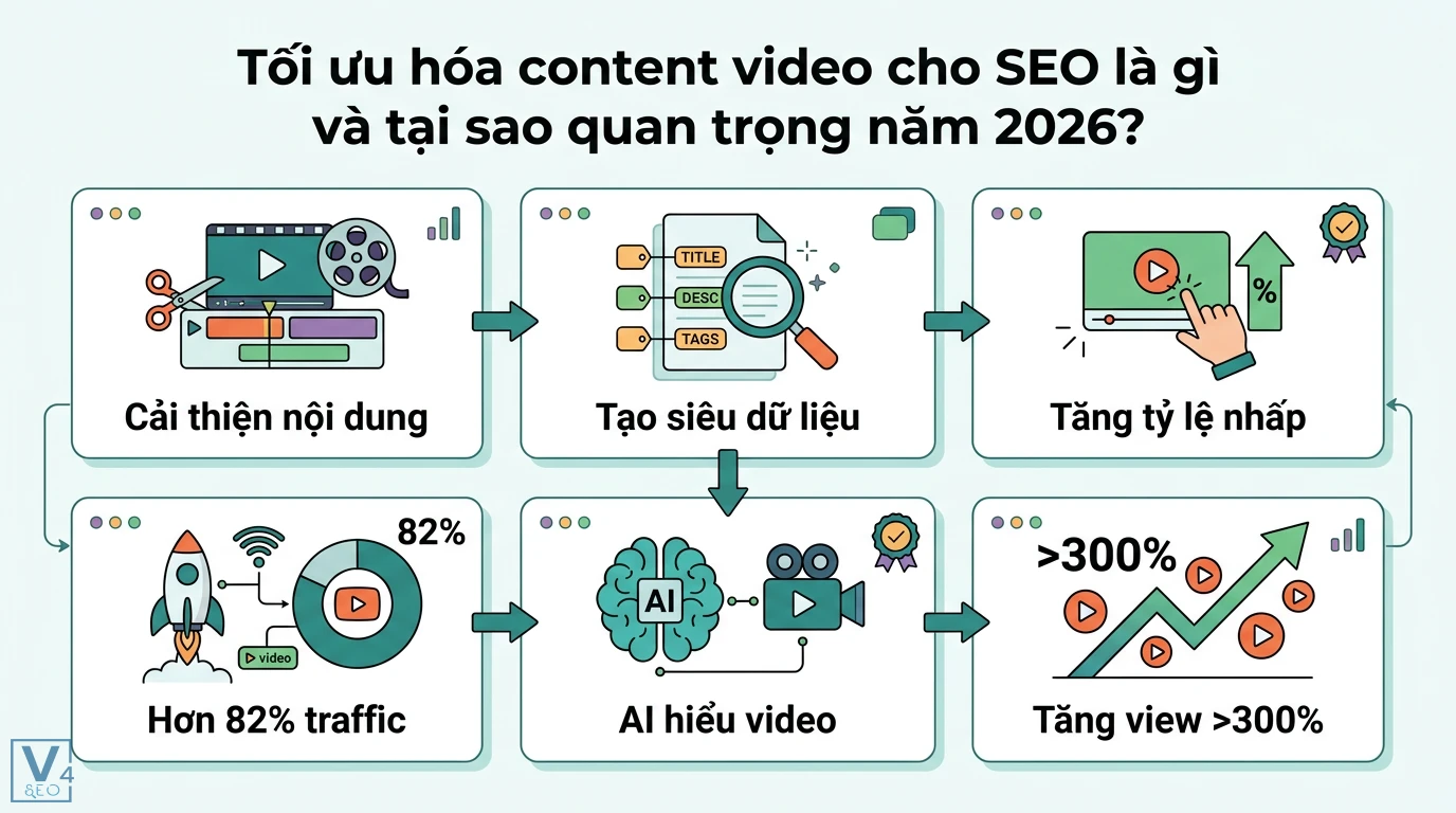 Tối ưu hóa Content video cho SEO 2026: Lên Top Google, YouTube, TikTok 1 Tối ưu hóa content video cho SEO bằng cách cải thiện nội dung và siêu dữ liệu giúp AI hiểu video để chiếm 82% traffic và tăng view hơn 300%