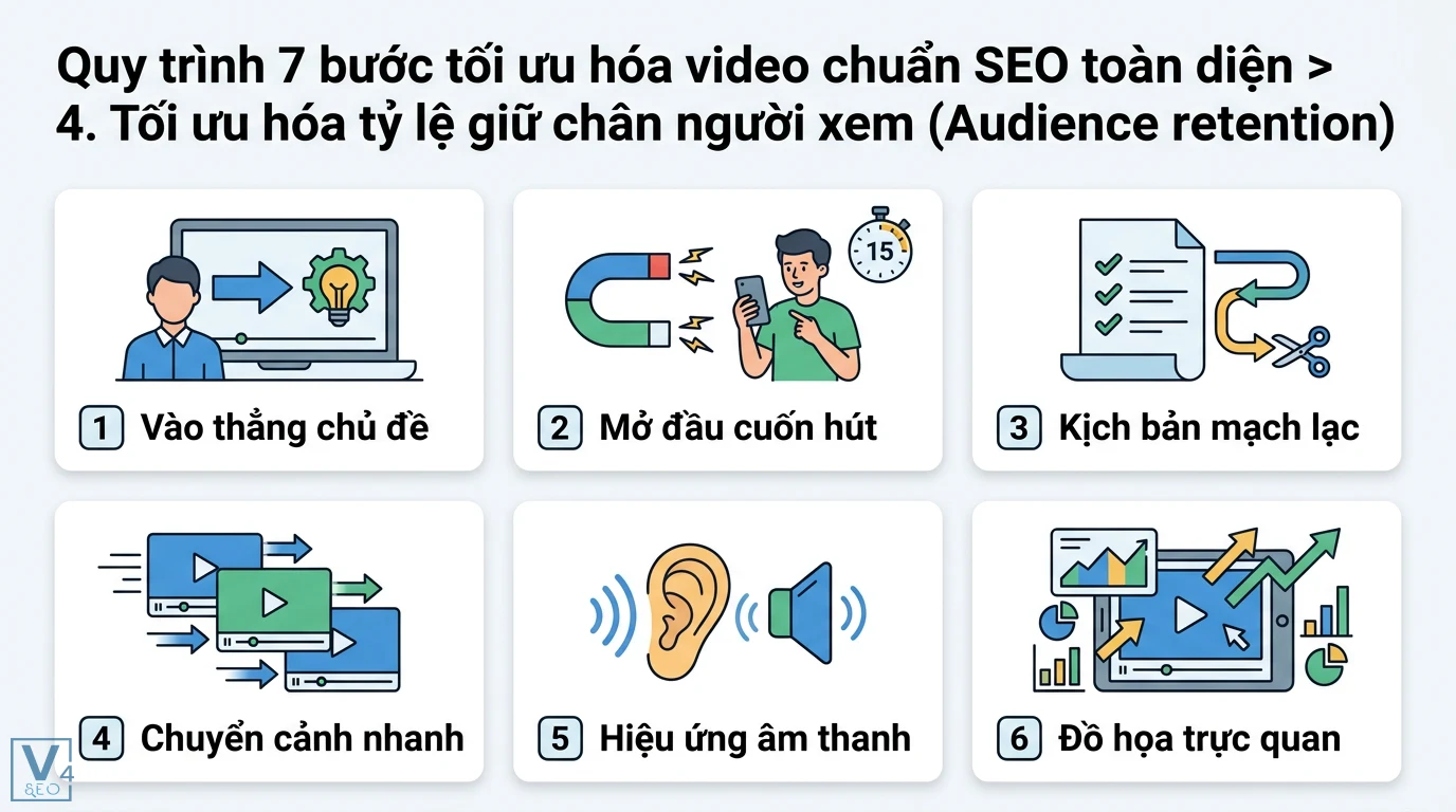 Tối ưu hóa Content video cho SEO 2026: Lên Top Google, YouTube, TikTok 2 Tối ưu hóa tỷ lệ giữ chân người xem bằng cách vào thẳng chủ đề, mở đầu cuốn hút, kịch bản mạch lạc, chuyển cảnh nhanh và đồ họa trực quan