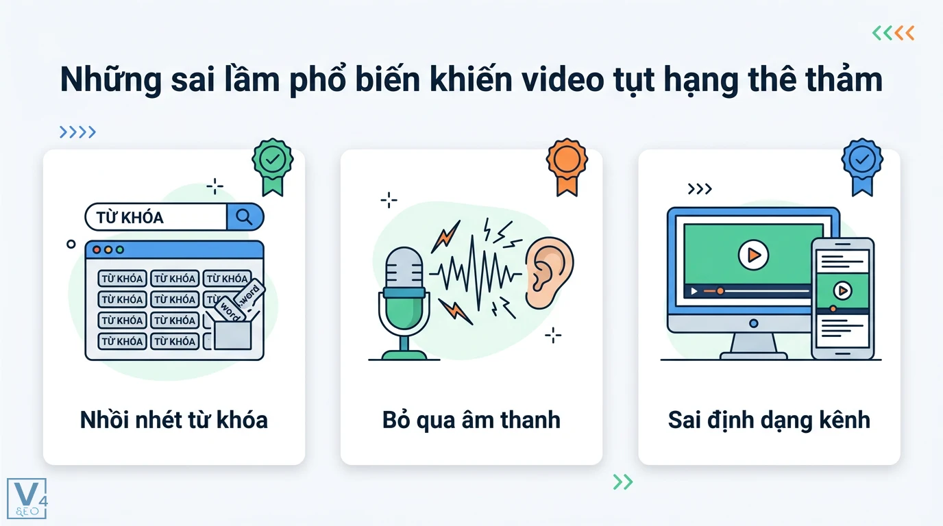 Tối ưu hóa Content video cho SEO 2026: Lên Top Google, YouTube, TikTok 3 Sai lầm khiến video tụt hạng gồm nhồi nhét từ khóa, bỏ qua chất lượng âm thanh và không đồng bộ định dạng nội dung trên các nền tảng đa kênh