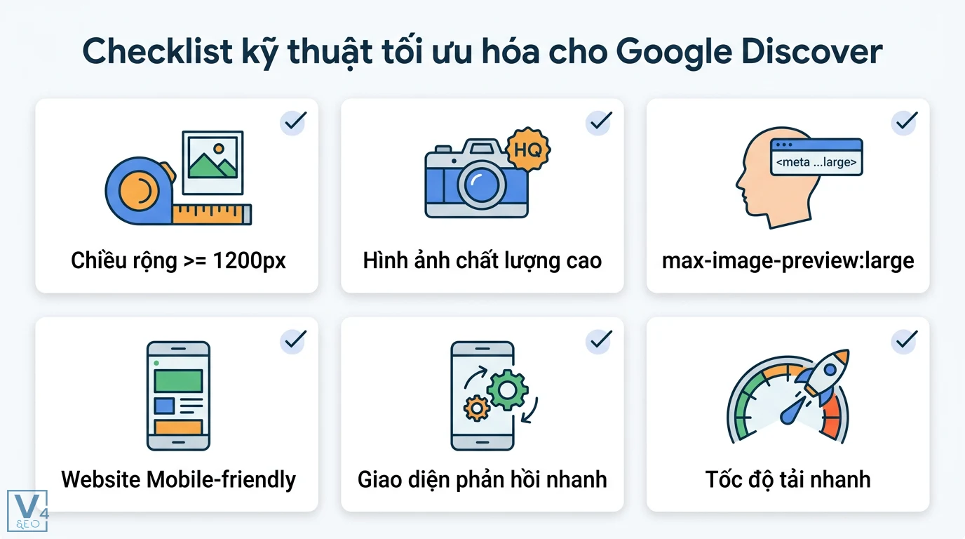 Checklist tối ưu hóa nội dung cho Google Discover chuẩn 2026 1 Checklist tối ưu Google Discover gồm chiều rộng trên 1200px, thẻ max-image-preview:large, website mobile-friendly, tốc độ tải và phản hồi nhanh
