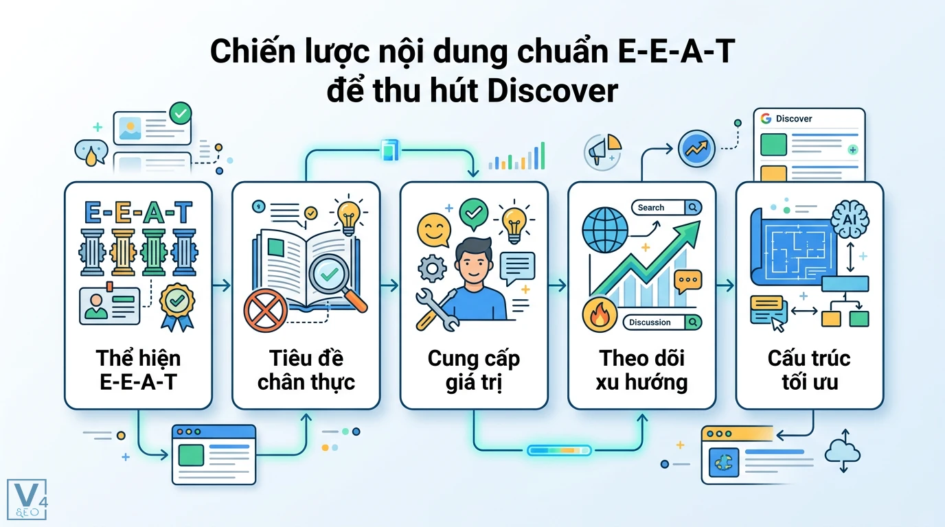 Checklist tối ưu hóa nội dung cho Google Discover chuẩn 2026 2 Chiến lược nội dung E-E-A-T thu hút Discover gồm tiêu đề chân thực, cung cấp giá trị, theo dõi xu hướng và tối ưu cấu trúc bài viết cho AI