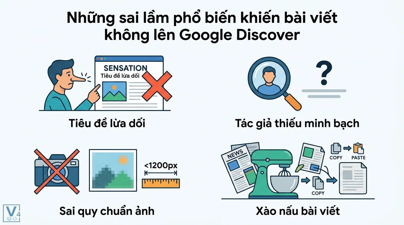 Checklist tối ưu hóa nội dung cho Google Discover chuẩn 2026 3 Sai lầm khiến bài viết không lên Google Discover gồm tiêu đề lừa dối, thiếu minh bạch tác giả, ảnh sai quy chuẩn và xào nấu bài viết