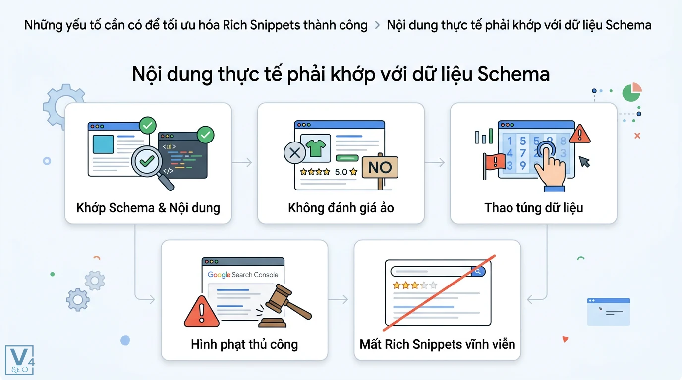Checklist tối ưu hóa nội dung cho Rich Snippets: Những yếu tố cần có 2 Khớp nội dung thực tế với Schema giúp tránh hình phạt từ Google Search Console và nguy cơ mất hiển thị Rich Snippets vĩnh viễn