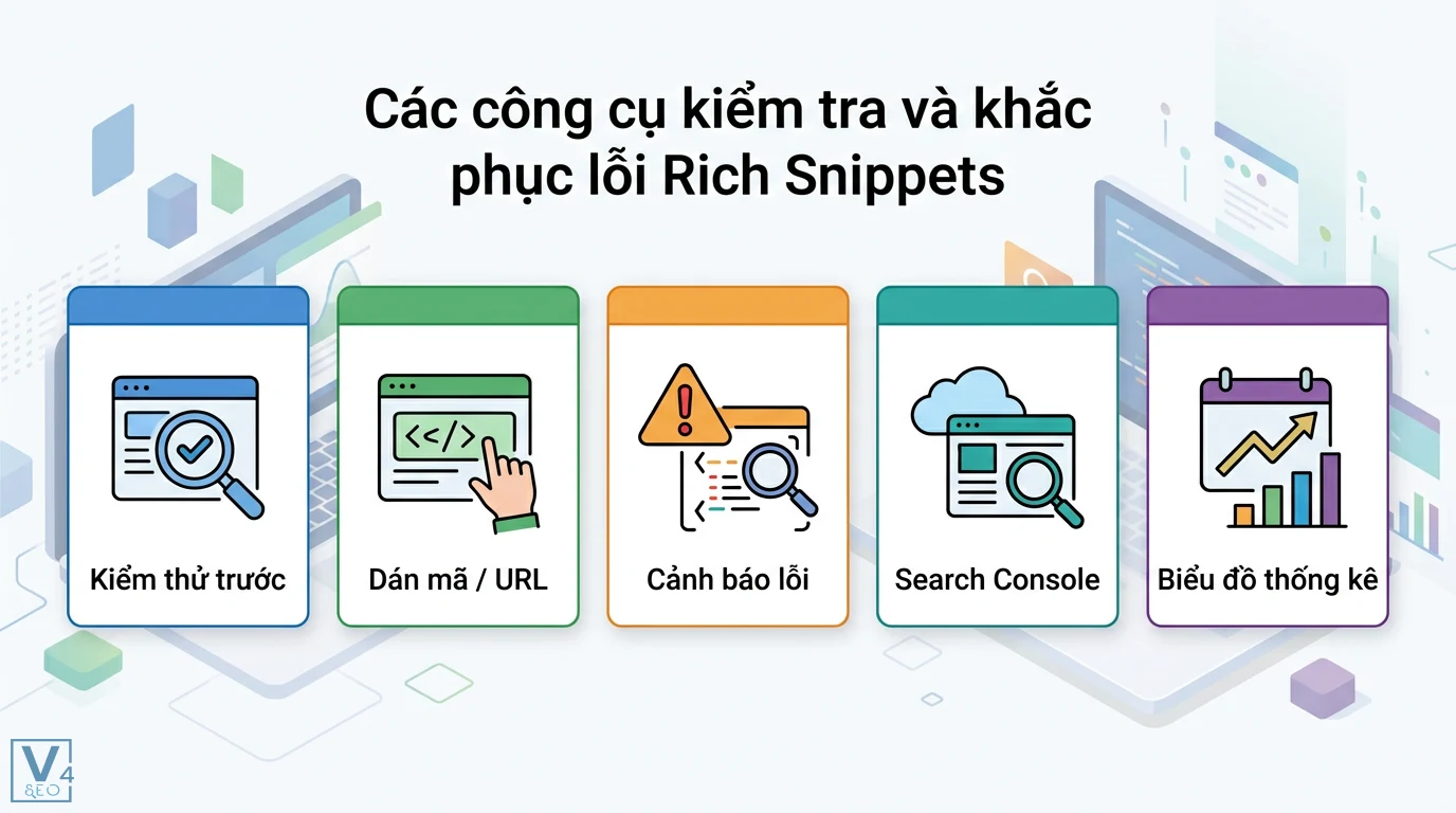 Checklist tối ưu hóa nội dung cho Rich Snippets: Những yếu tố cần có 3 Quy trình kiểm tra lỗi Rich Snippets gồm kiểm thử trước, dán mã URL, xem cảnh báo lỗi và theo dõi biểu đồ thống kê qua Search Console