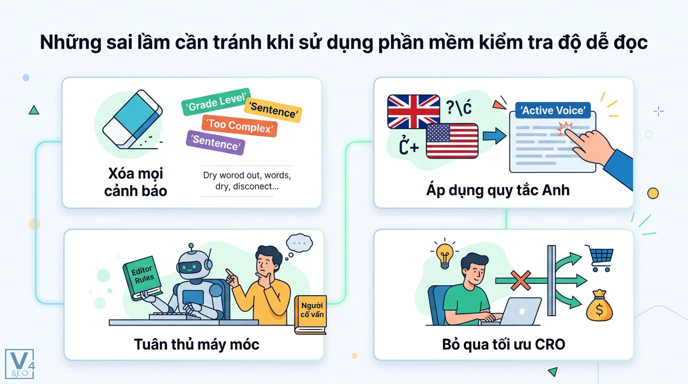 Cách tối ưu hóa nội dung với công cụ Hemingway Editor chuẩn SEO 3 Sai lầm khi dùng phần mềm kiểm tra độ dễ đọc gồm xóa cảnh báo, áp dụng máy móc quy tắc tiếng Anh và bỏ qua tối ưu tỷ lệ chuyển đổi CRO