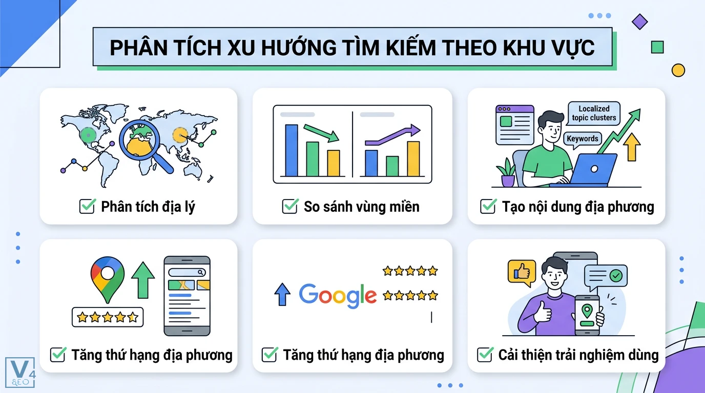 Tối ưu hóa nội dung với Google Trends để tăng traffic bền vững 2 Phân tích xu hướng tìm kiếm theo khu vực để so sánh vùng miền, tạo nội dung địa phương giúp tăng thứ hạng Google Maps và trải nghiệm người dùng