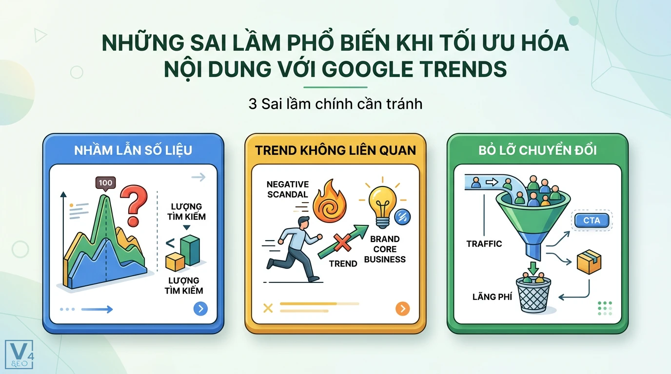 Tối ưu hóa nội dung với Google Trends để tăng traffic bền vững 3 Sai lầm khi tối ưu Google Trends gồm nhầm lẫn số liệu tìm kiếm, theo đuổi trend không liên quan và bỏ lỡ chuyển đổi từ traffic