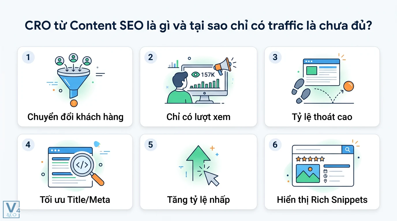 Tối ưu hóa tỷ lệ chuyển đổi (CRO) từ Content SEO qua Search Intent 1 CRO từ Content SEO giúp chuyển đổi khách hàng bằng cách tối ưu Title Meta, tăng tỷ lệ nhấp CTR, giảm tỷ lệ thoát và hiển thị Rich Snippets