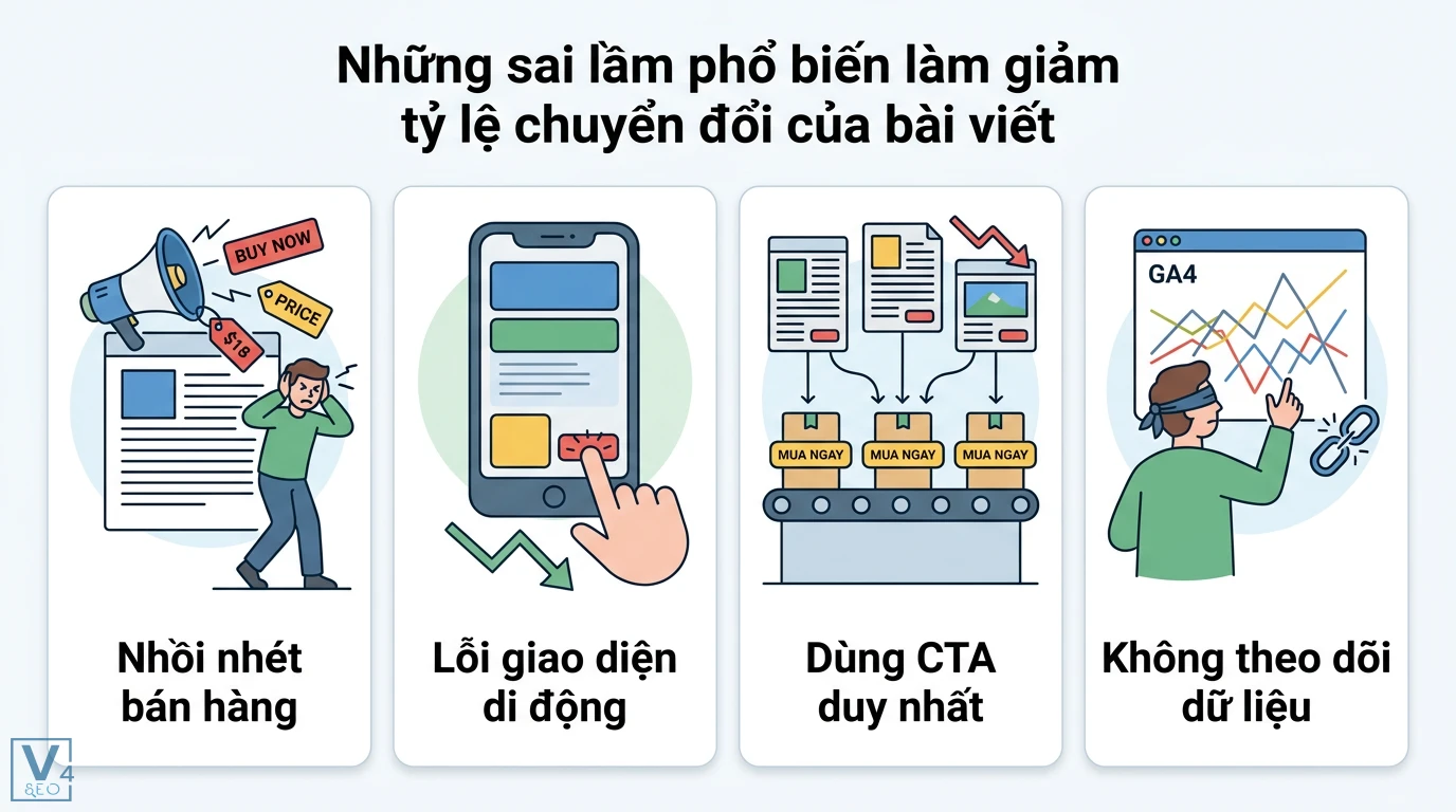 Tối ưu hóa tỷ lệ chuyển đổi (CRO) từ Content SEO qua Search Intent 3 Sai lầm làm giảm tỷ lệ chuyển đổi bài viết như nhồi nhét bán hàng, lỗi giao diện di động, dùng CTA duy nhất và không theo dõi dữ liệu GA4