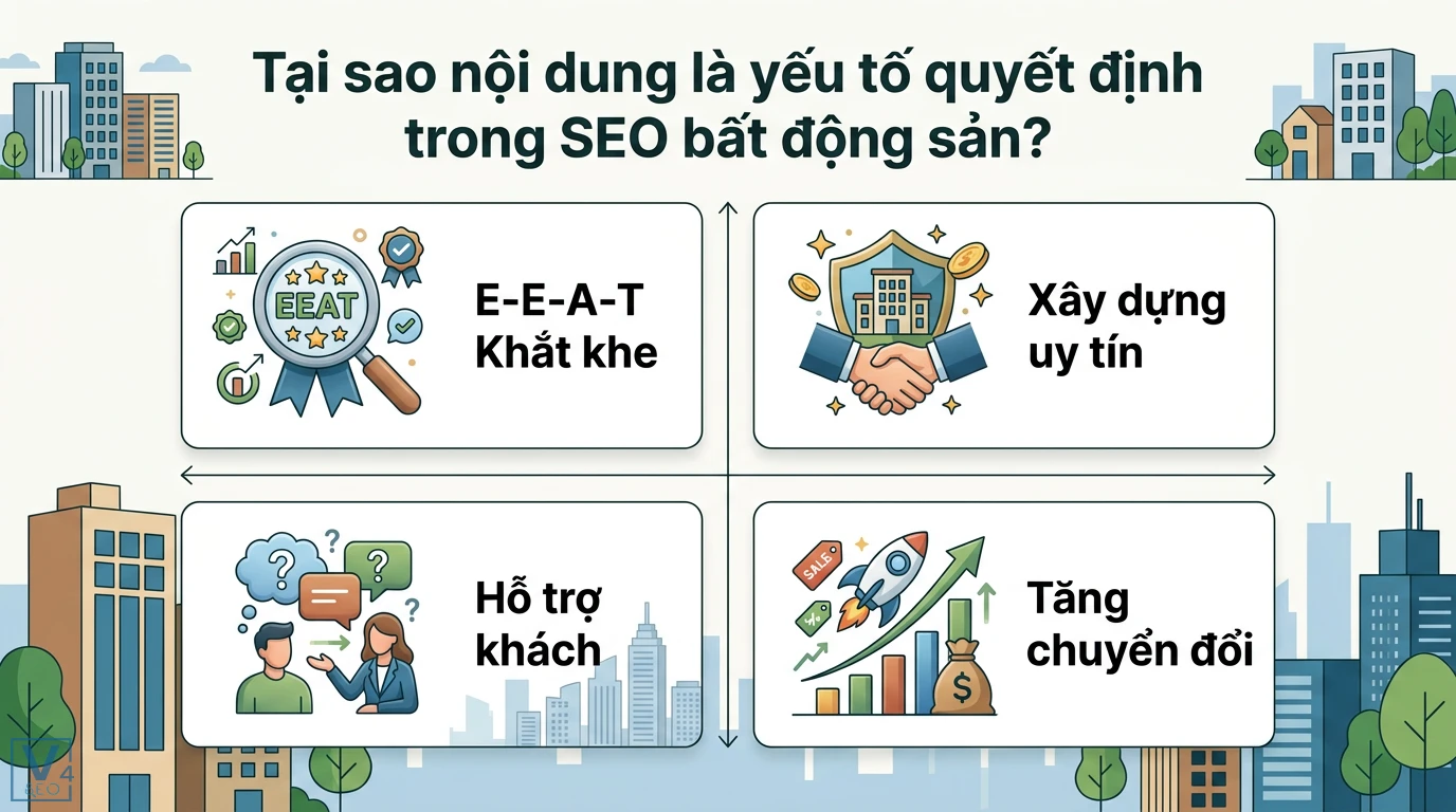 Cách tối ưu nội dung SEO cho ngành bất động sản và Storytelling 1 Nội dung SEO bất động sản giúp đáp ứng E-E-A-T khắt khe, xây dựng uy tín, hỗ trợ khách hàng và thúc đẩy tỷ lệ chuyển đổi hiệu quả