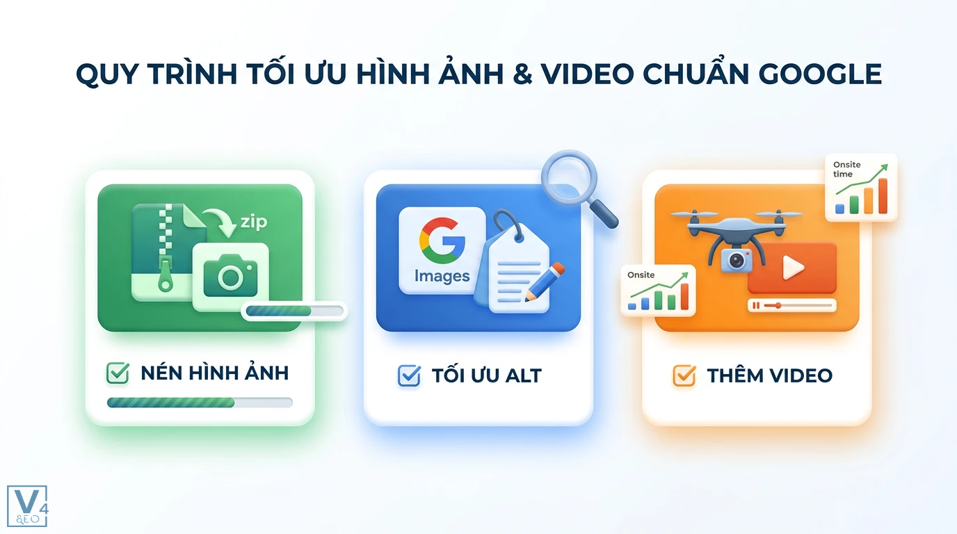 Cách tối ưu nội dung SEO cho ngành bất động sản và Storytelling 2 Quy trình tối ưu nội dung trực quan chuẩn Google gồm nén dung lượng, tối ưu thẻ Alt và chèn video flycam giúp tăng thời gian onsite
