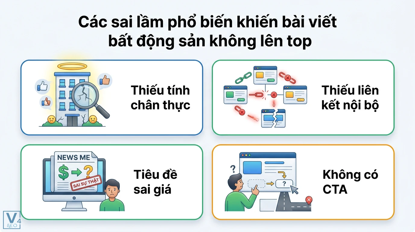 Cách tối ưu nội dung SEO cho ngành bất động sản và Storytelling 3 Sai lầm SEO bài viết bất động sản gồm thiếu tính chân thực, thiếu liên kết nội bộ, tiêu đề sai giá và không có lời kêu gọi hành động CTA