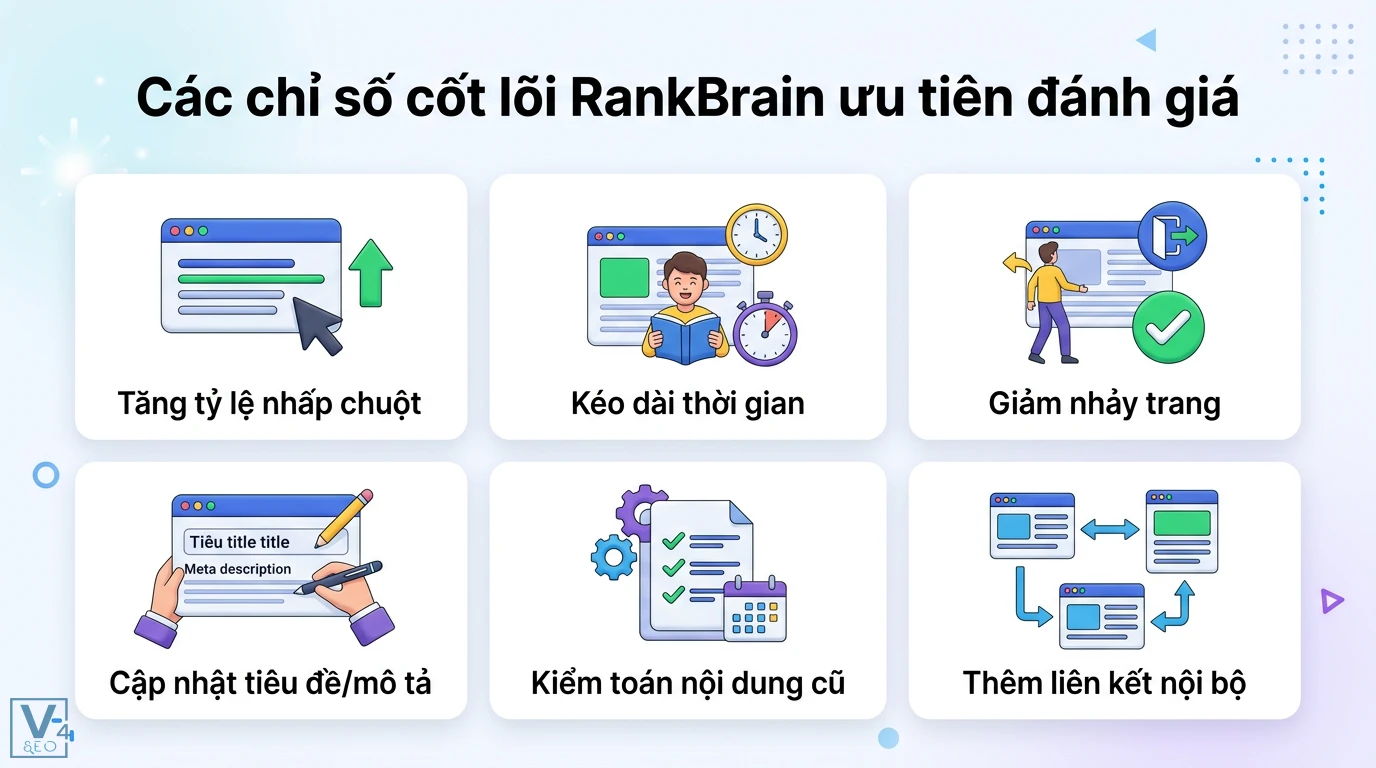 Tối ưu nội dung theo bản cập nhật Google RankBrain chuẩn 2026 1 Chỉ số cốt lõi RankBrain ưu tiên đánh giá gồm tỷ lệ nhấp chuột, thời gian dừng, giảm nhảy trang, tối ưu thẻ meta và kiểm toán nội dung cũ