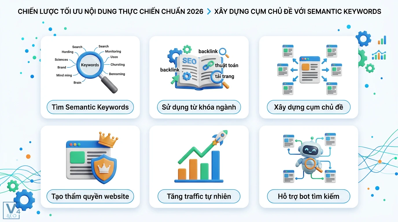 Tối ưu nội dung theo bản cập nhật Google RankBrain chuẩn 2026 2 Xây dựng cụm chủ đề bằng Semantic Keywords và từ khóa ngành giúp tăng thẩm quyền website, thu hút traffic tự nhiên và hỗ trợ bot tìm kiếm