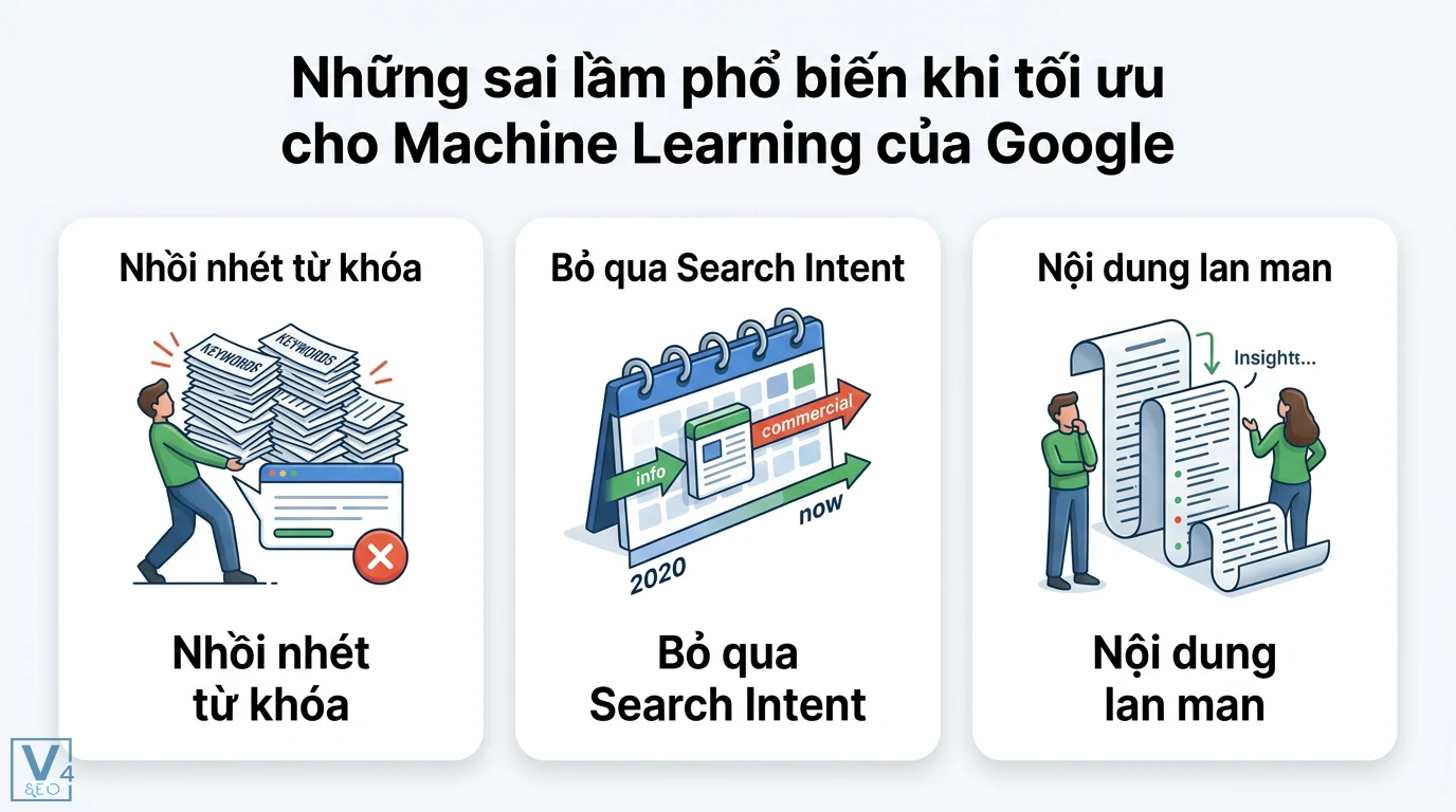 Tối ưu nội dung theo bản cập nhật Google RankBrain chuẩn 2026 3 Các sai lầm khi tối ưu Machine Learning của Google gồm nhồi nhét từ khóa, bỏ qua Search Intent và viết nội dung lan man thiếu trọng tâm