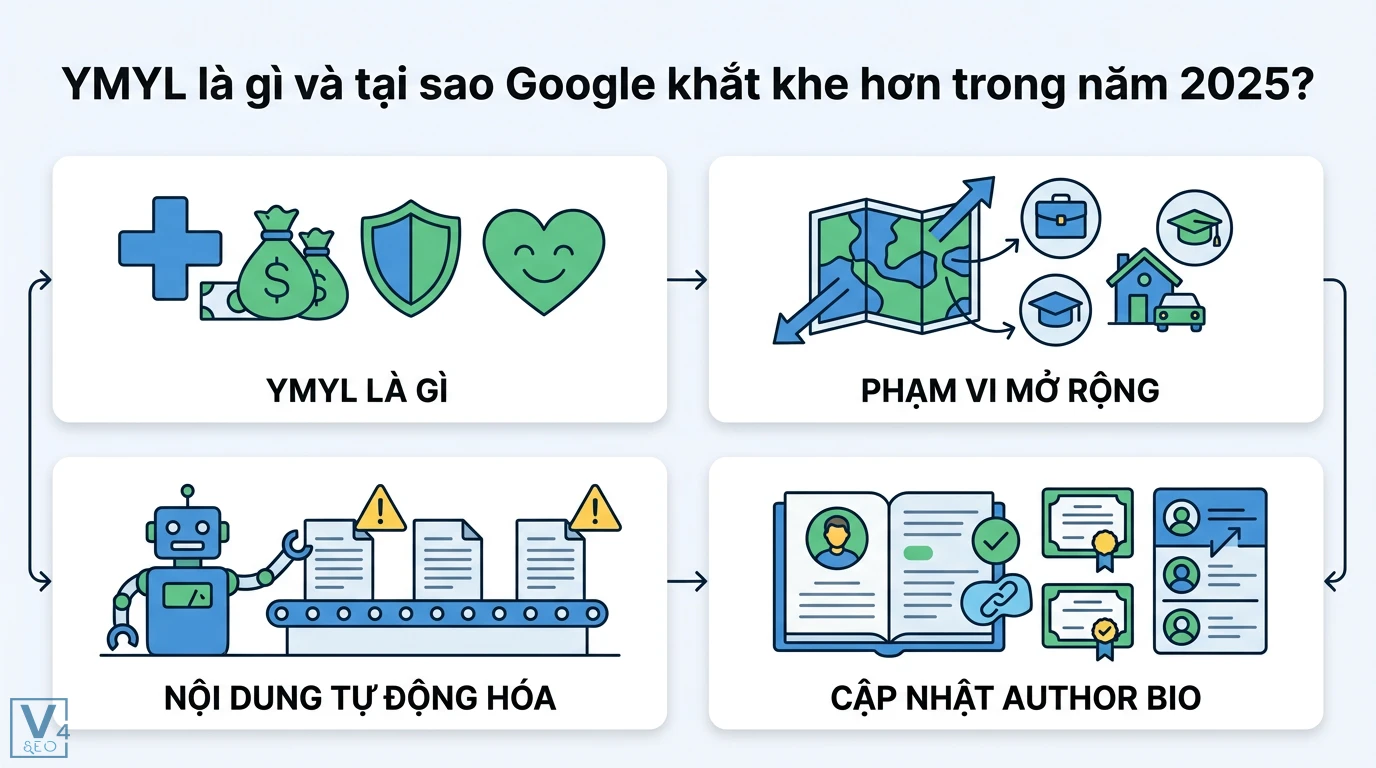 Quy định Google về nội dung YMYL năm 2025: Hướng dẫn tối ưu E-E-A-T 5 Sai lầm phổ biến khi triển khai nội dung YMYL gồm lạm dụng AI, bài viết y khoa sai, thiếu kiểm duyệt, thông tin sai lệch và thiếu khách quan