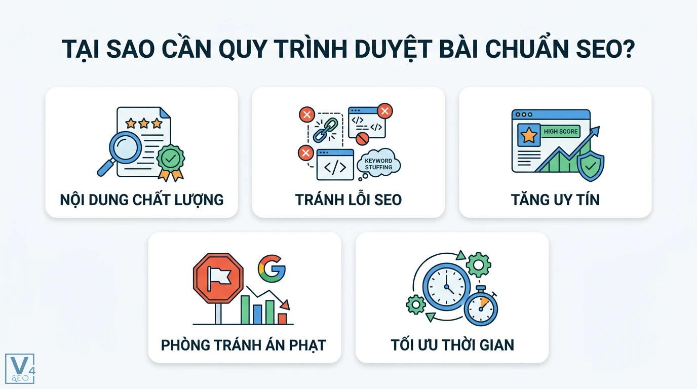 Quy trình duyệt bài chuẩn SEO 6 bước giúp kiểm soát chất lượng 1 Quy trình duyệt bài chuẩn SEO giúp đảm bảo nội dung chất lượng, tránh lỗi SEO, tăng uy tín website, phòng tránh án phạt và tối ưu thời gian