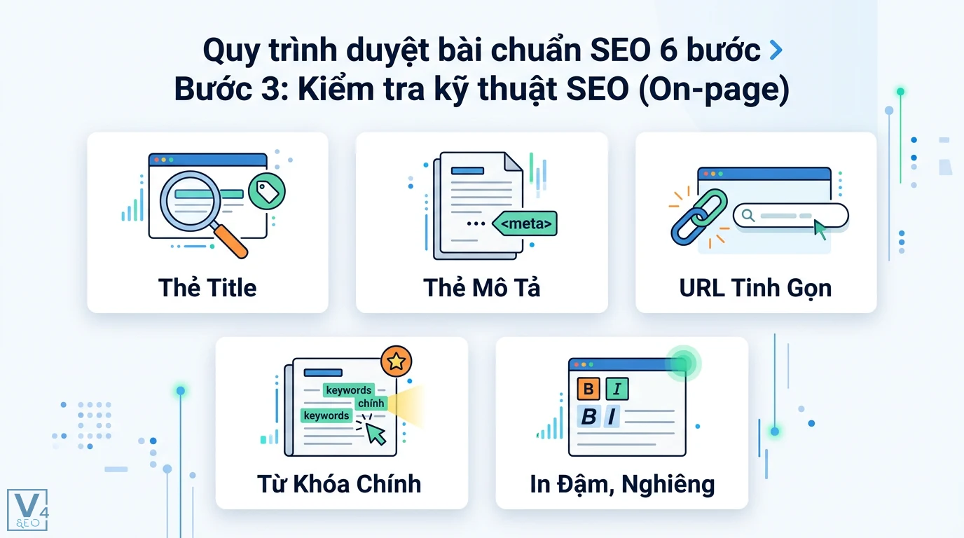 Quy trình duyệt bài chuẩn SEO 6 bước giúp kiểm soát chất lượng 2 Kiểm tra kỹ thuật SEO On-page bao gồm tối ưu thẻ Title, Thẻ Mô tả, URL tinh gọn, mật độ từ khóa chính và định dạng in đậm, in nghiêng