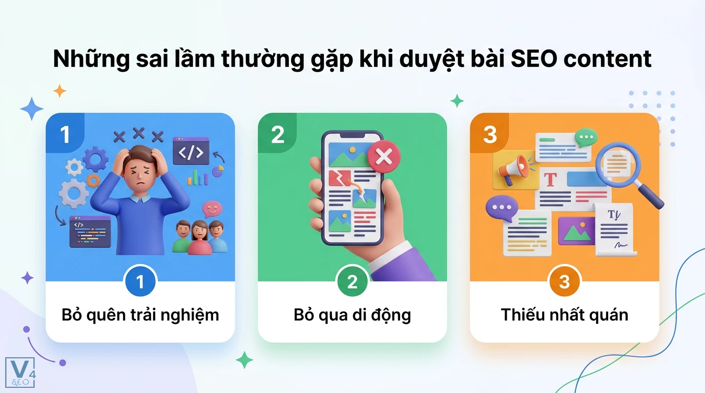 Quy trình duyệt bài chuẩn SEO 6 bước giúp kiểm soát chất lượng 3 Sai lầm khi duyệt bài SEO content gồm bỏ quên trải nghiệm người dùng, bỏ qua hiển thị di động và thiếu nhất quán về thương hiệu