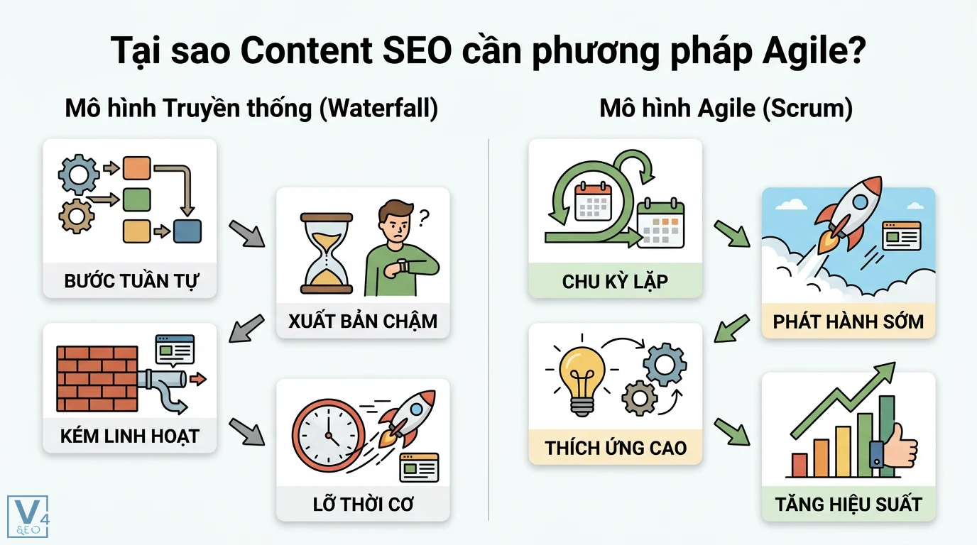 Áp dụng Agile/Scrum trong sản xuất Content SEO: Quy trình thực chiến 1 Phương pháp Agile Scrum giúp Content SEO tăng hiệu suất và khả năng thích ứng cao so với quy trình Waterfall truyền thống xuất bản chậm