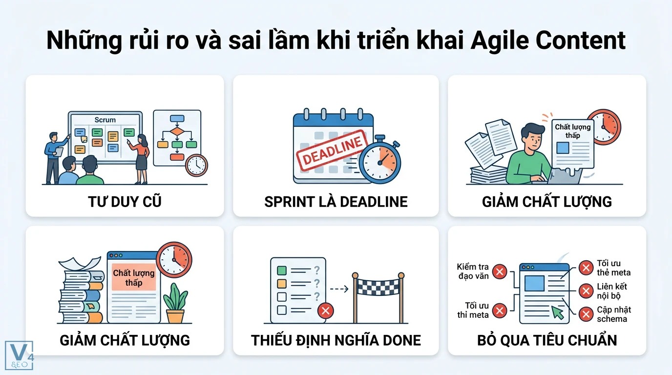 Áp dụng Agile/Scrum trong sản xuất Content SEO: Quy trình thực chiến 3 Rủi ro triển khai Agile Content gồm tư duy cũ, Sprint là deadline, giảm chất lượng, thiếu định nghĩa hoàn thành và bỏ qua tiêu chuẩn SEO