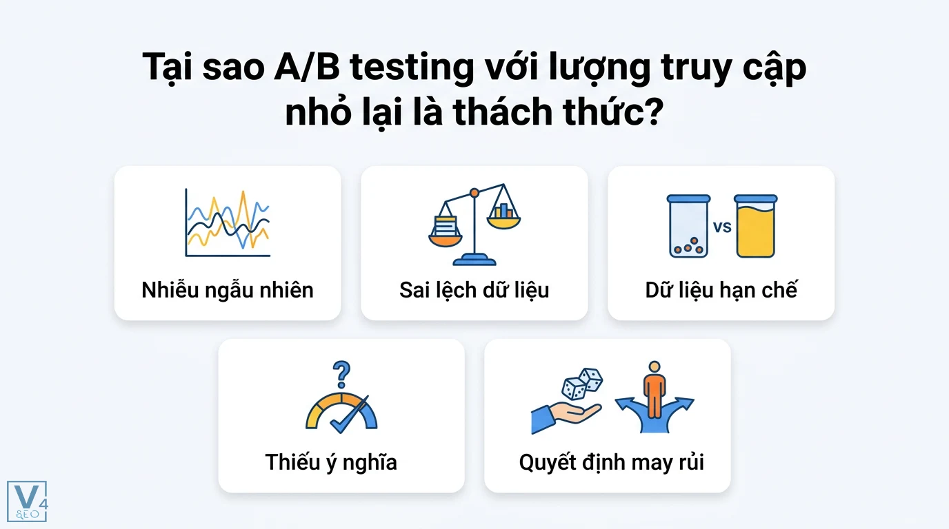 A/B testing tiêu đề bằng lượng truy cập mẫu nhỏ: Hướng dẫn chuẩn 3 Các chiến lược tối ưu tiêu đề gồm thay đổi đột phá, thử rủi ro với lợi ích, ngắn gọn với tò mò và tối ưu thẻ mô tả để tìm winner nhanh