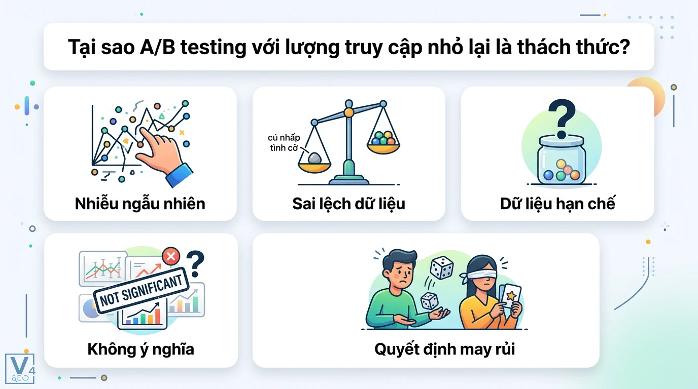 A/B testing tiêu đề bằng lượng truy cập mẫu nhỏ: Hướng dẫn chuẩn 5 Khắc phục rủi ro chia nhỏ traffic bằng bài test A/B đơn giản và đo lường các chuyển đổi vi mô như click, cuộn trang nhằm tối ưu dữ liệu ít