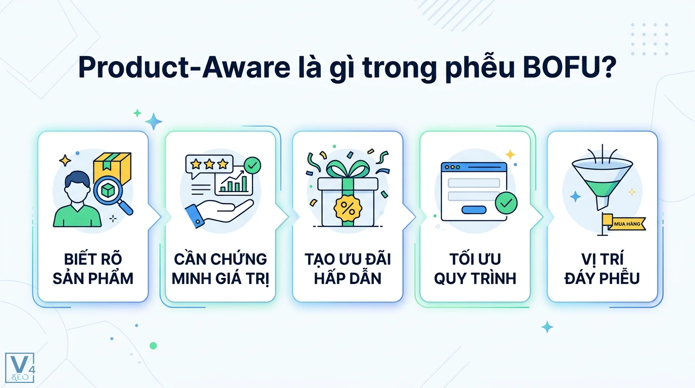Topic “Product-Aware” (BOFU) – dạng landing page tối ưu chuyển đổi 1 Product-Aware trong phễu BOFU gồm chứng minh giá trị, tạo ưu đãi và tối ưu quy trình để khách hàng ra quyết định mua hàng tại vị trí đáy phễu