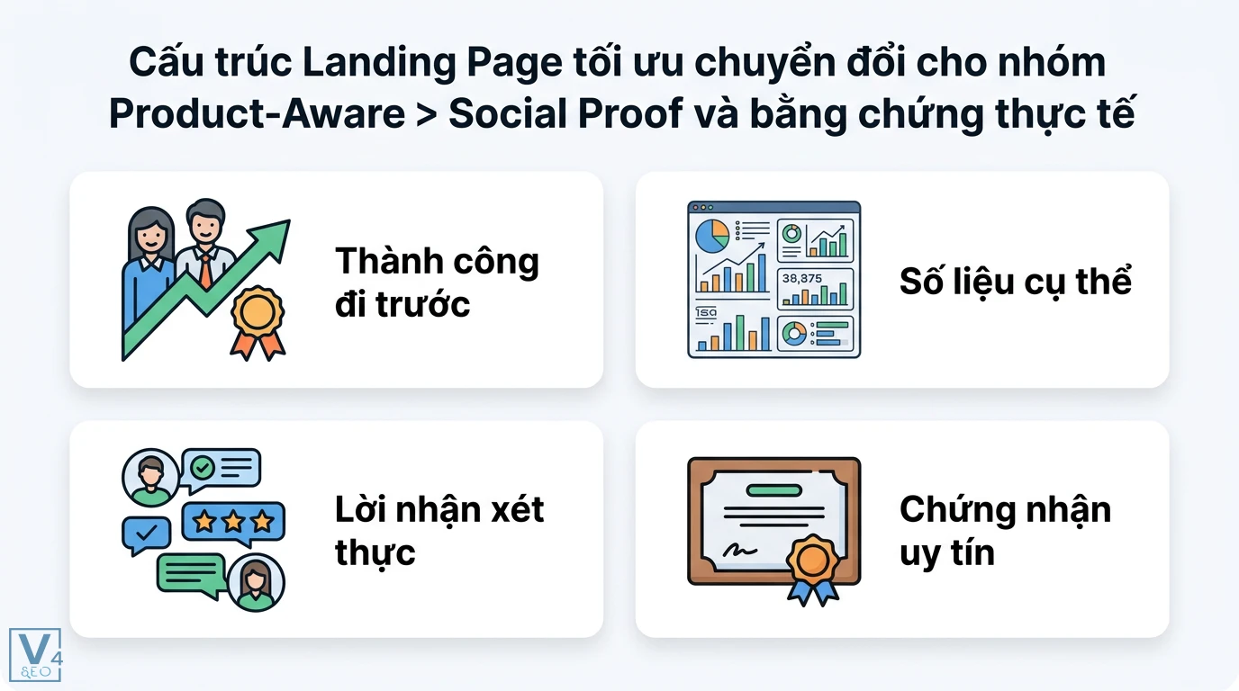 Topic “Product-Aware” (BOFU) – dạng landing page tối ưu chuyển đổi 2 Social Proof trên Landing Page gồm thành công đi trước, số liệu cụ thể, lời nhận xét thực và chứng nhận uy tín giúp tối ưu hóa chuyển đổi