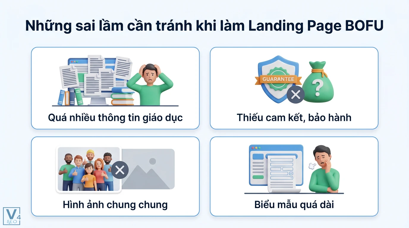 Topic “Product-Aware” (BOFU) – dạng landing page tối ưu chuyển đổi 3 Sai lầm khi làm Landing Page BOFU gồm nhồi nhét thông tin, thiếu cam kết bảo hành, dùng ảnh chung chung và biểu mẫu đăng ký quá dài